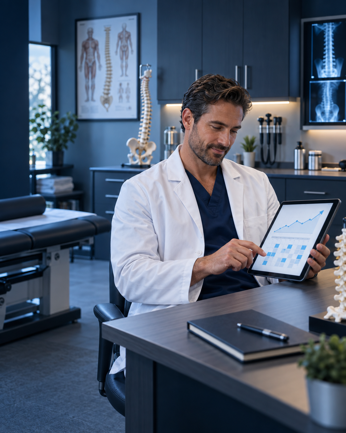 Clinic owner reviewing practice cash flow in a modern treatment space